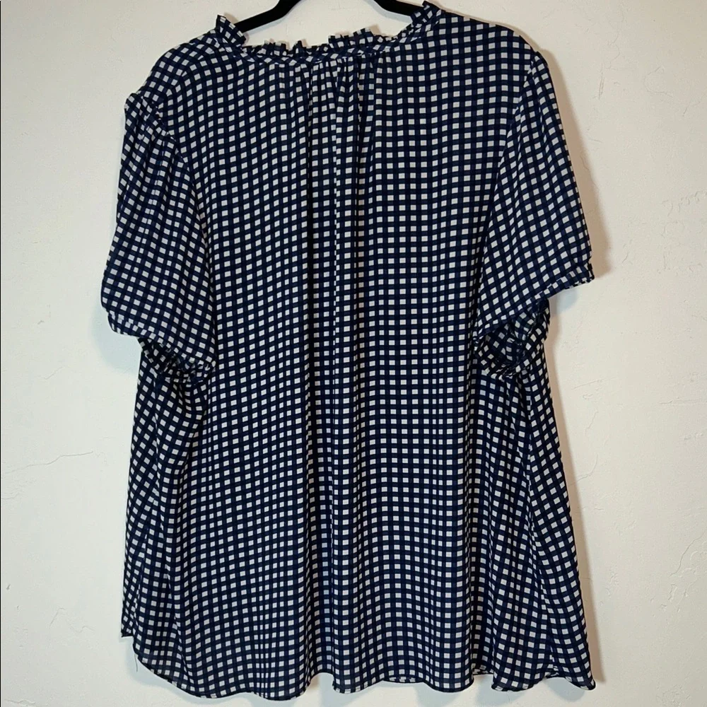 Tamara H 3X Polyester Navy and White Check Tie-Neck Blouse. (3/$25)